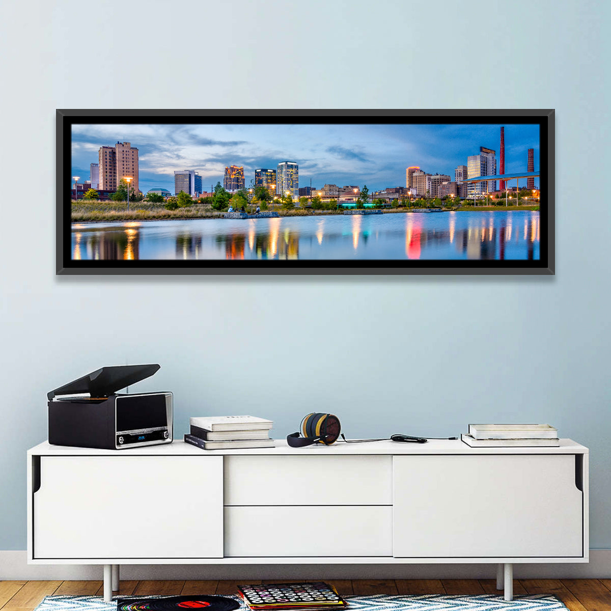 Birmingham Railroad Park Skyline Wall Art in a room, panoramic