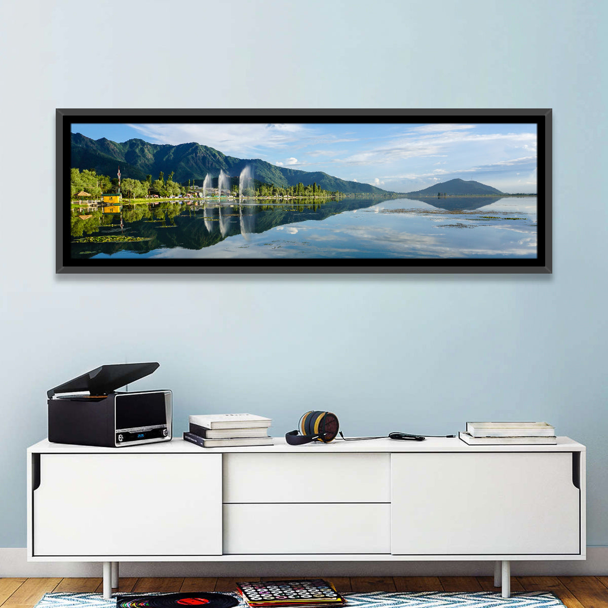 Dal Lake Reflections, Srinagar Wall Art in a room, panoramic