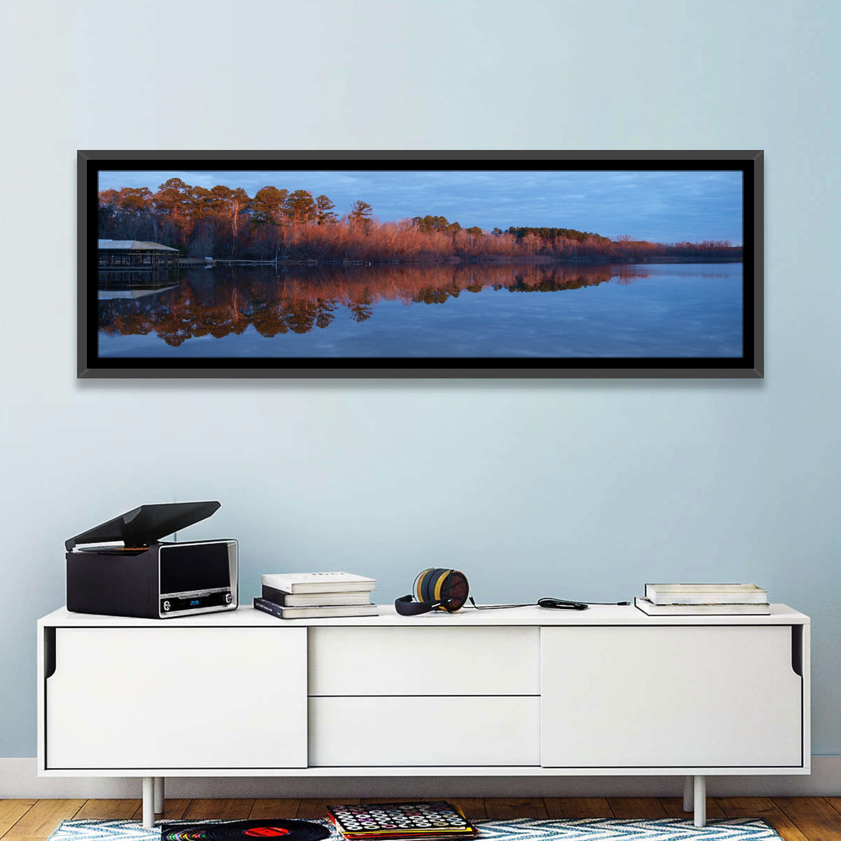Lake Livingston Pier at Golden Hour Wall Art in a room, panoramic