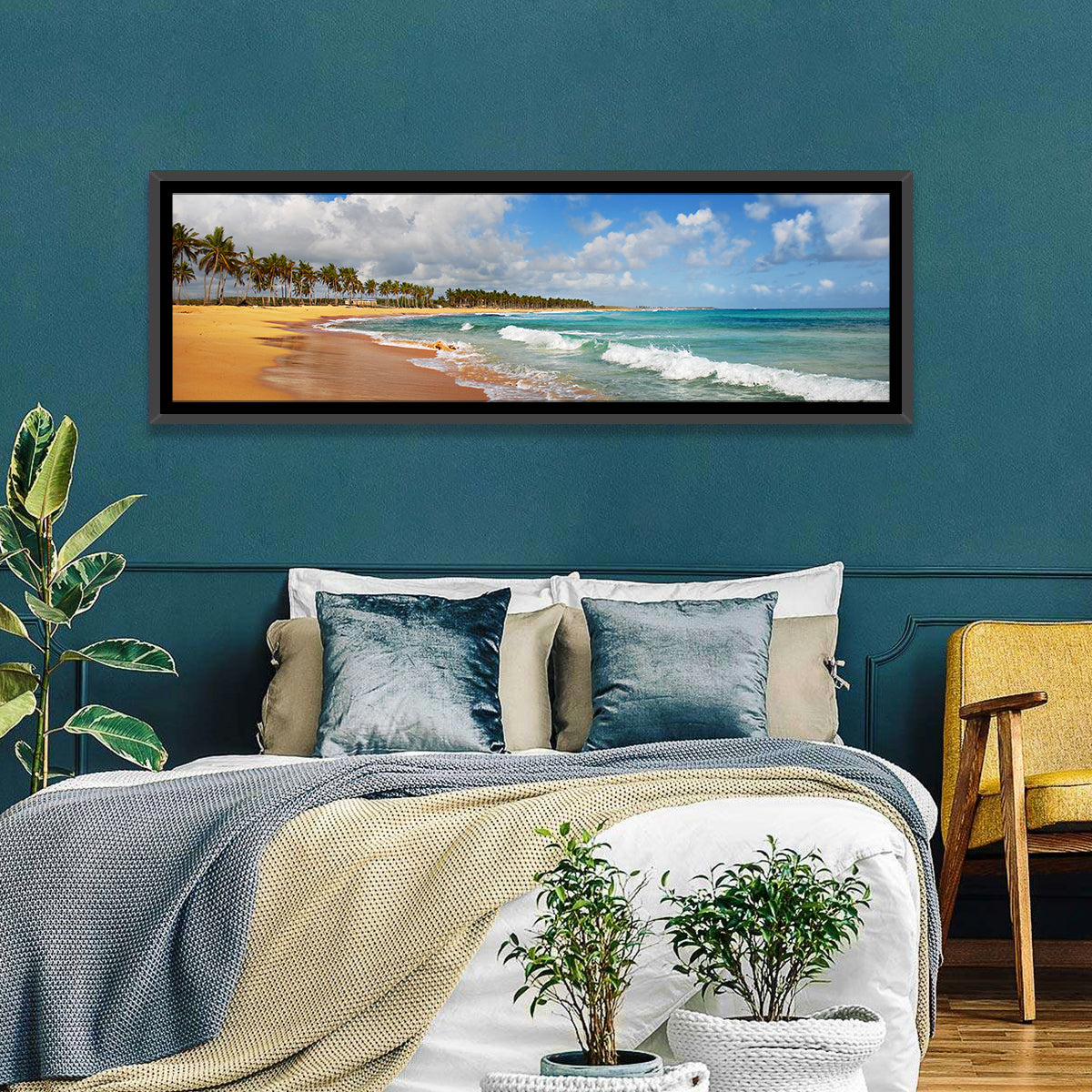 Palm Lined Tropical Coast Wall Art in a room, panoramic