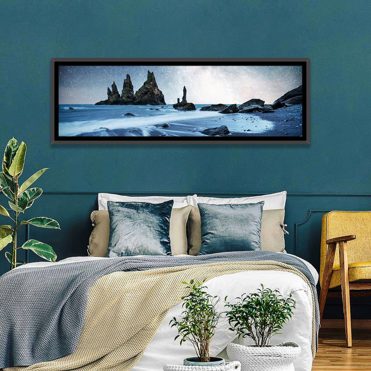 Reynisdrangar Sea Stacks Night Wall Art in a room, panoramic