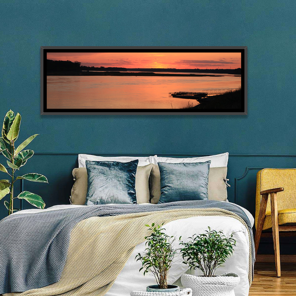 Missouri River Sunset at Dusk Wall Art in a room, panoramic