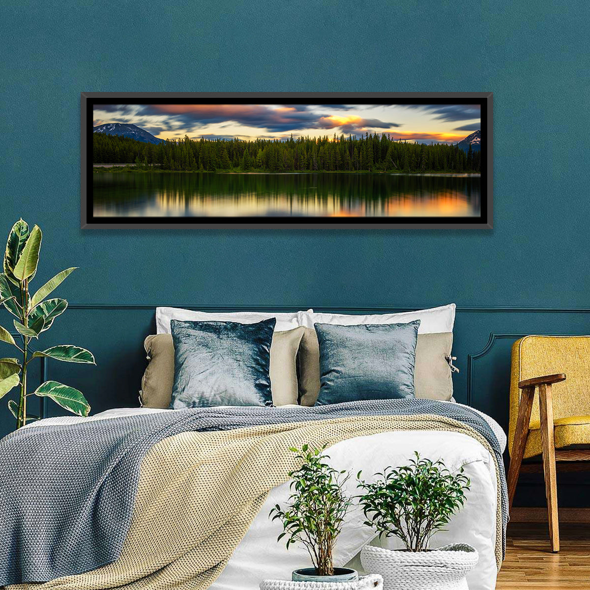 Herbert Lake Sunset Reflection Wall Art in a room, panoramic