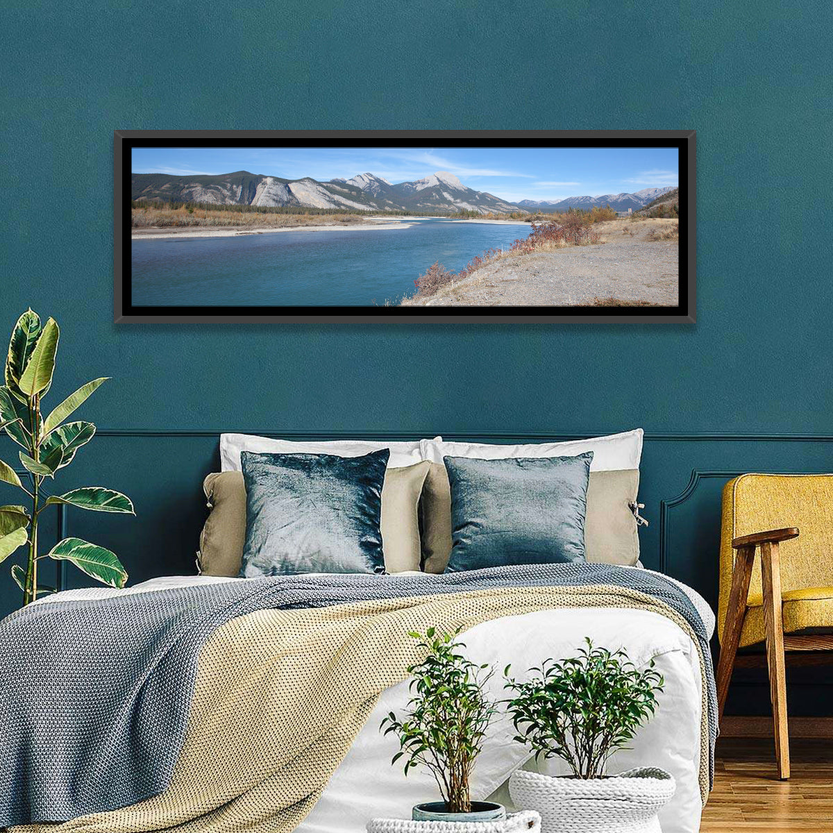 Mount Aeolus Over Athabasca Riverbank Wall Art in a room, panoramic