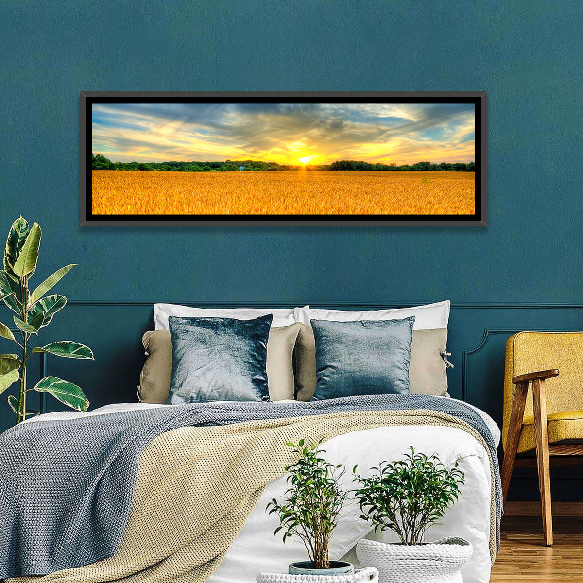 Wheat Field Sunset Wall Art in a room, panoramic