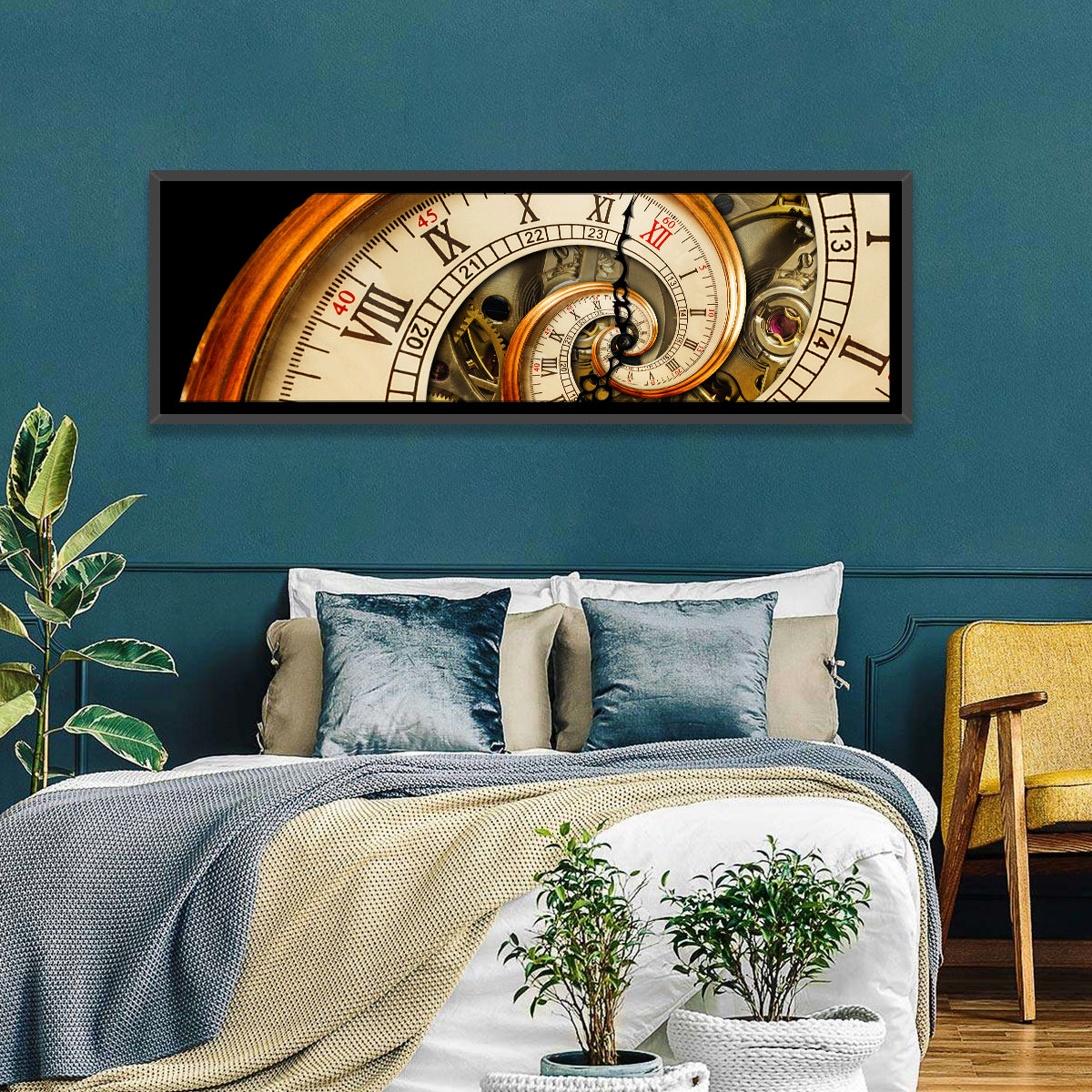 Antique Spiral Clock Face Wall Art in a room, panoramic