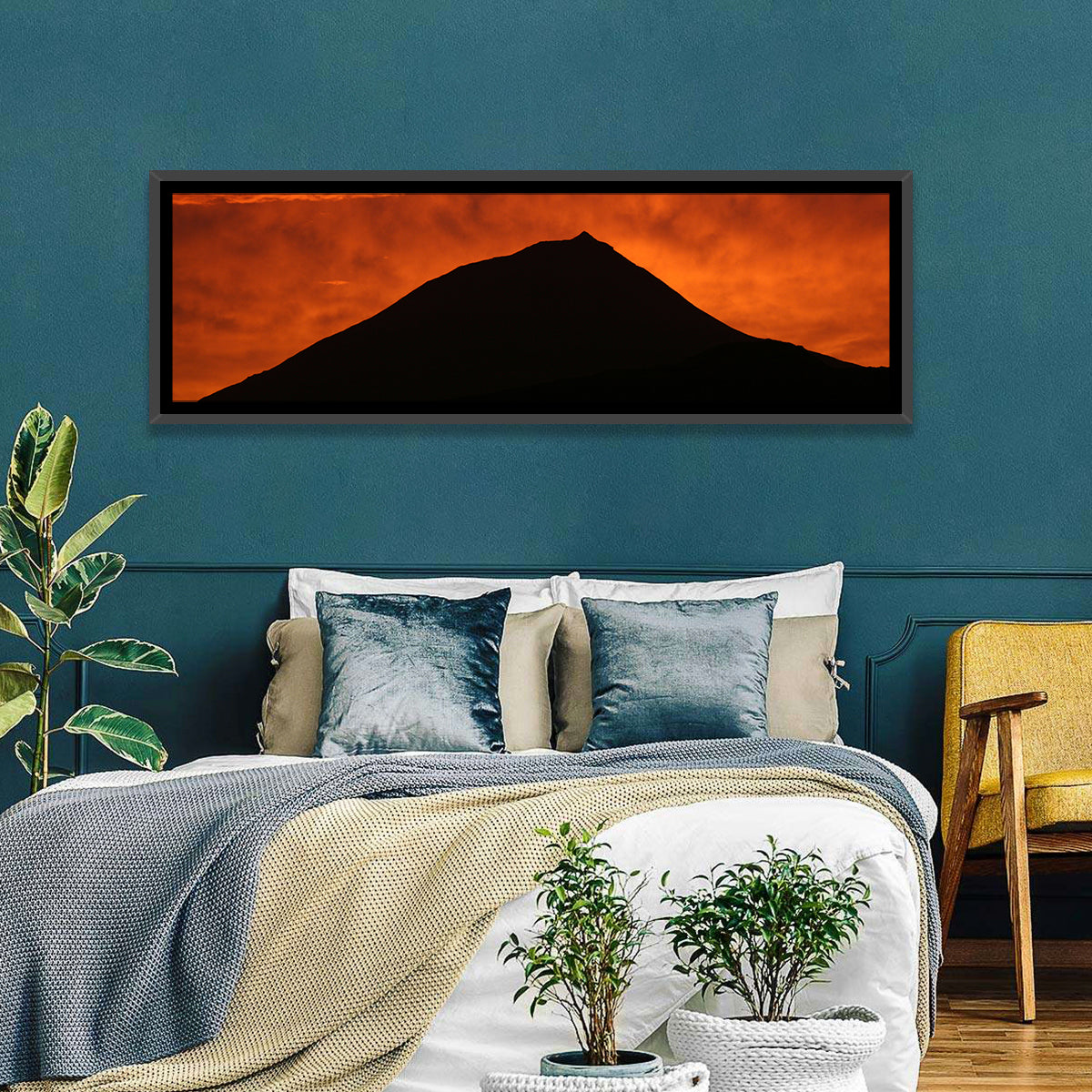 Pico Island Volcano Silhouette at Sunset Wall Art in a room, panoramic