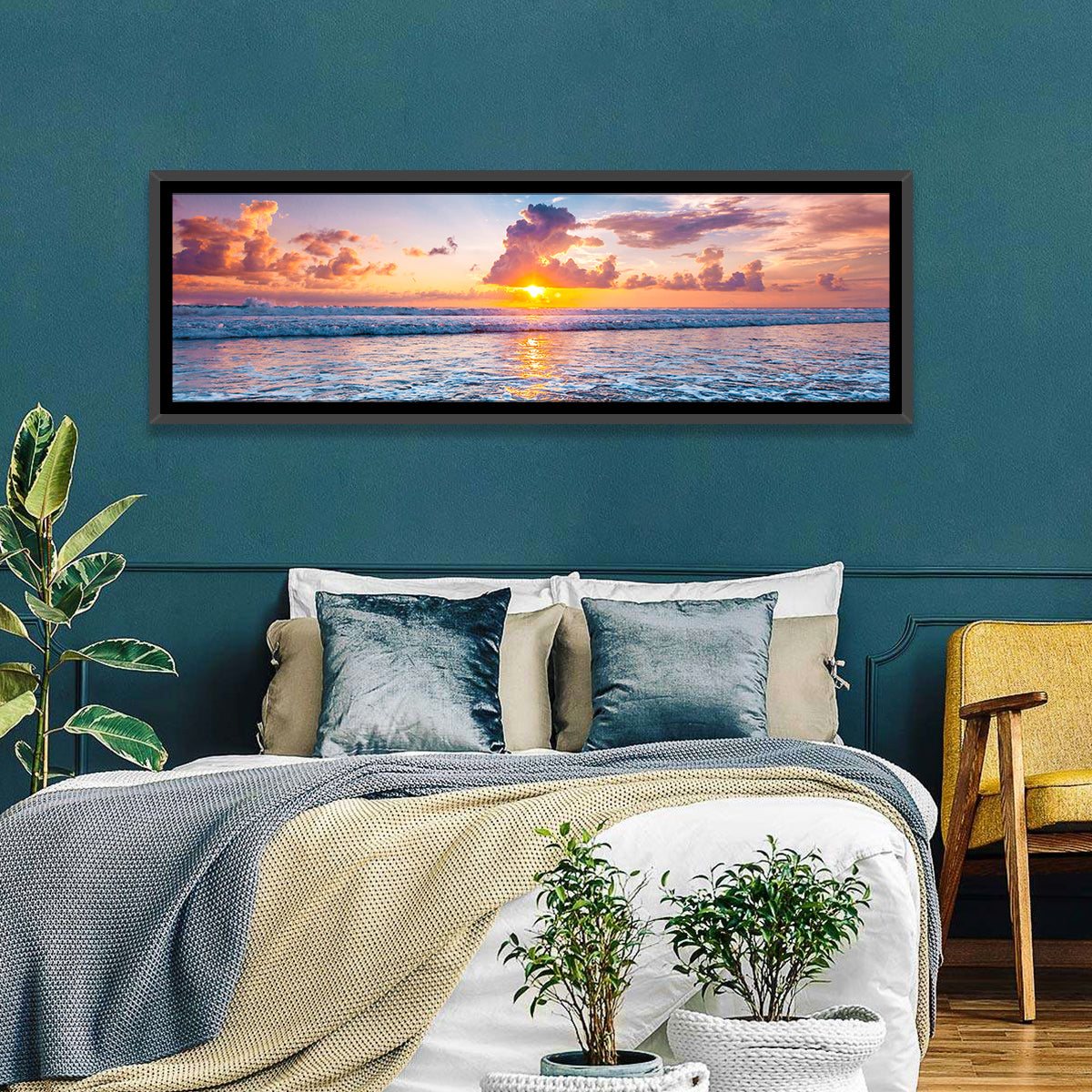 Sunburst Ocean Wave Wall Art in a room, panoramic