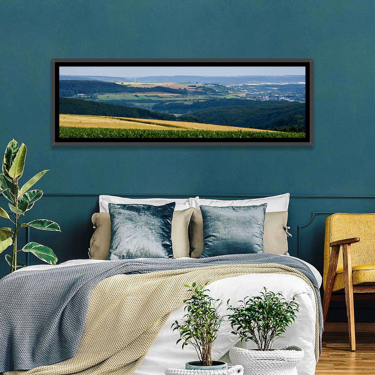 Village Grainfields Wall Art in a room, panoramic