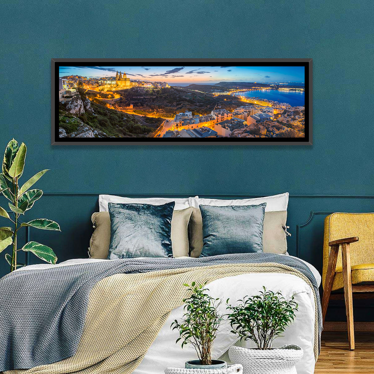 Mellieha Bay at Dusk Wall Art in a room, panoramic