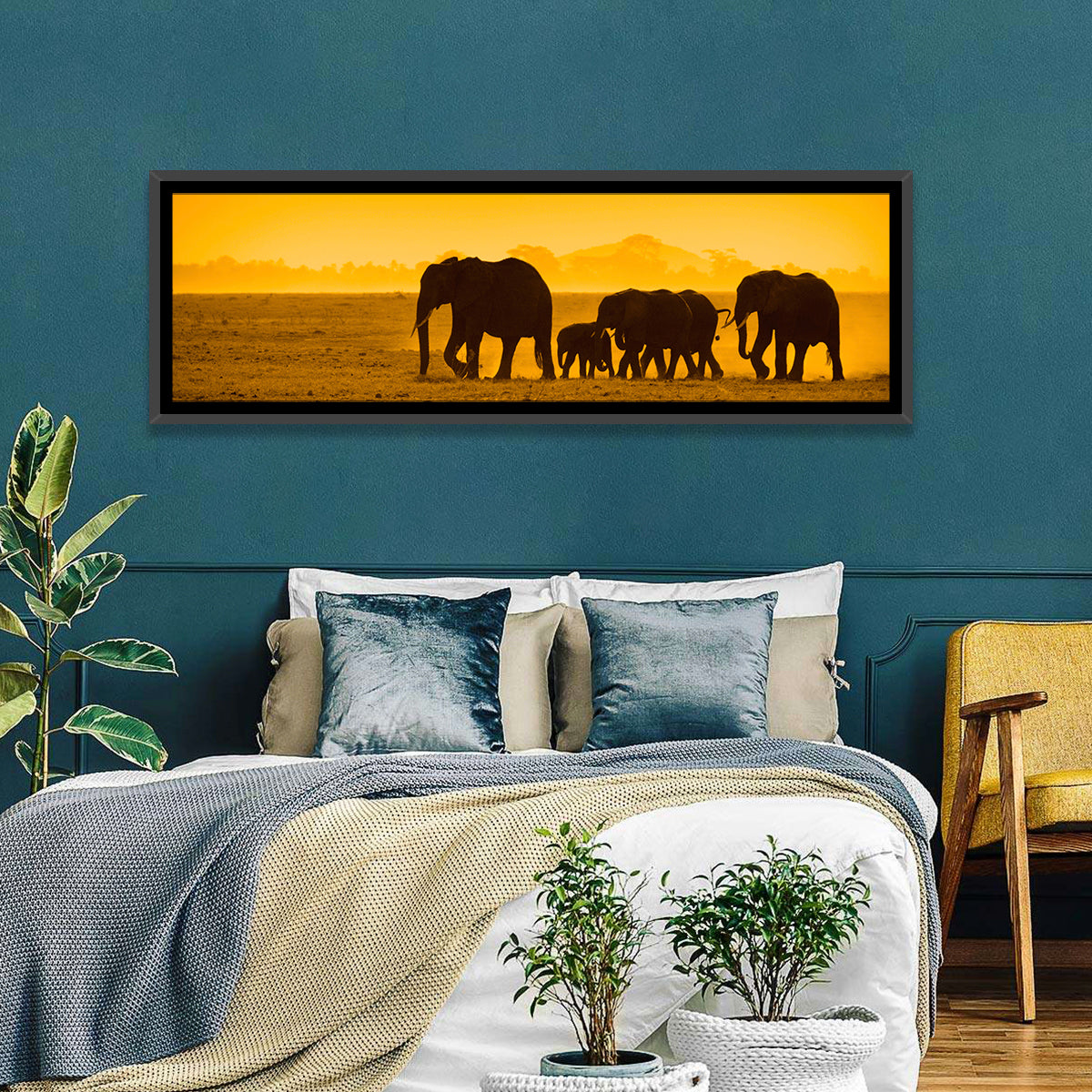 Elephant Family Silhouette Wall Art in a room, panoramic