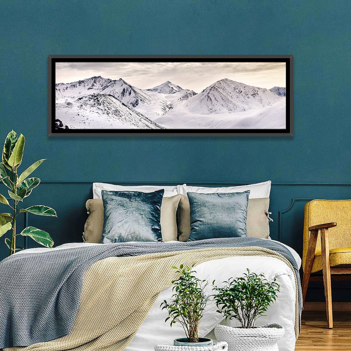 Zaili Alatay Snow Peaks Wall Art in a room, panoramic