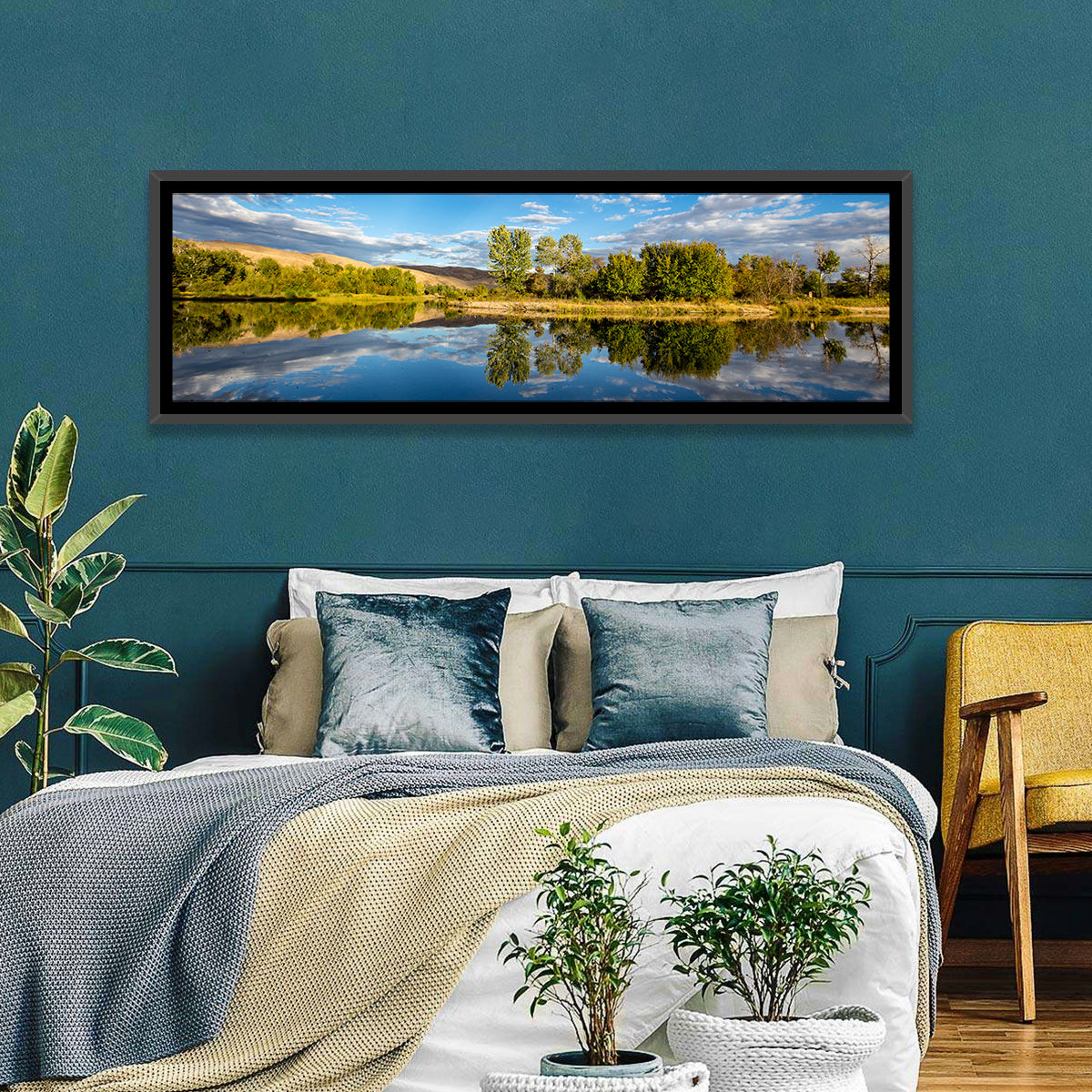 Boise River Rainbow Reflection Wall Art in a room, panoramic