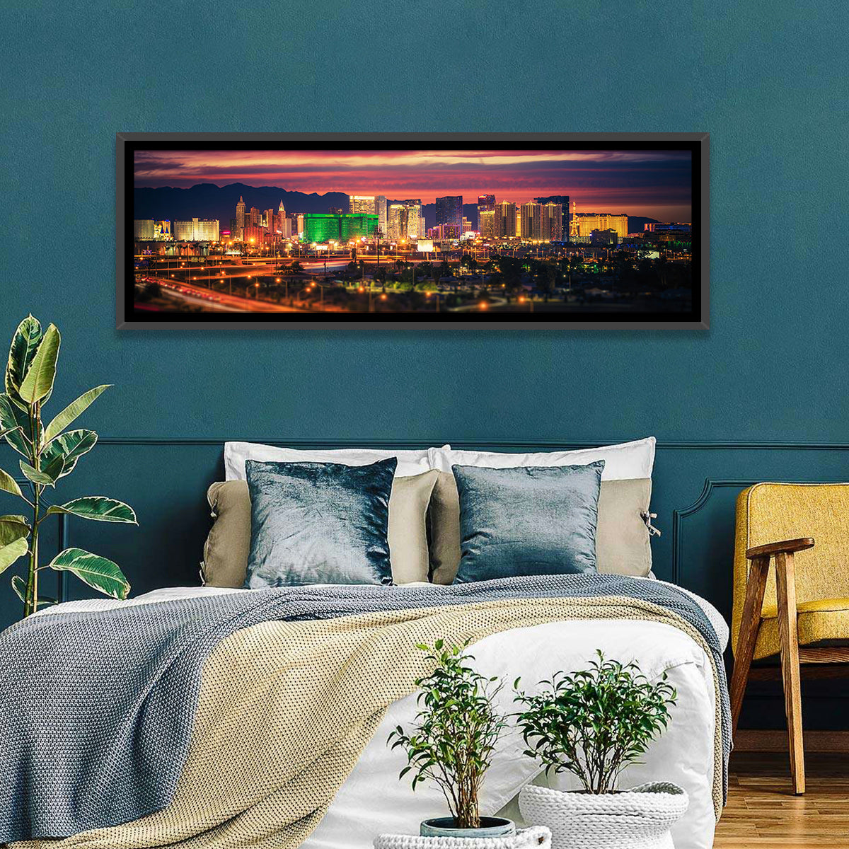 Las Vegas Twilight Skyline Wall Art in a room, panoramic