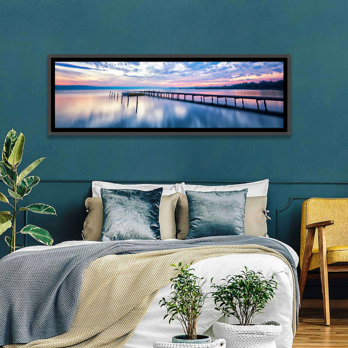 Cloudy Lake Pier at Dusk Wall Art