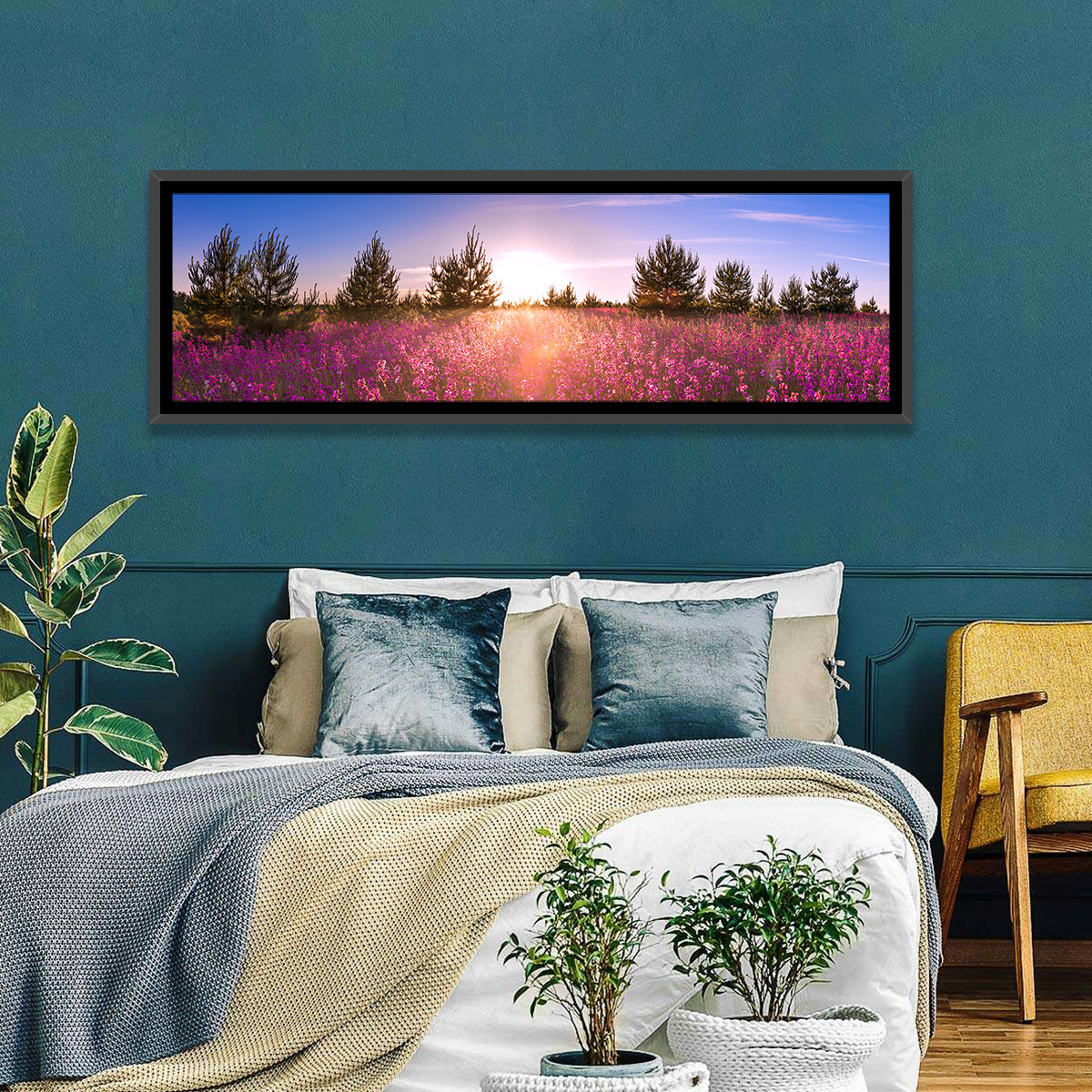 Sunrise Wildflower Meadow Wall Art in a room, panoramic