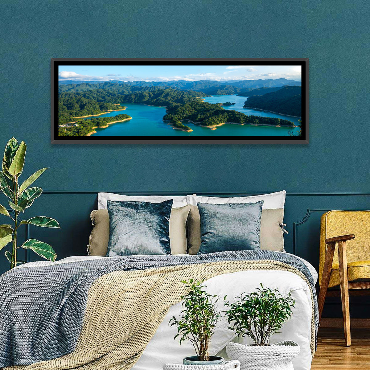 Emerald Qiandao Lake Wall Art in a room, panoramic