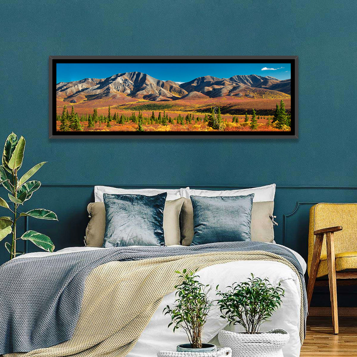 Denali Autumn Peaks Wall Art in a room, panoramic