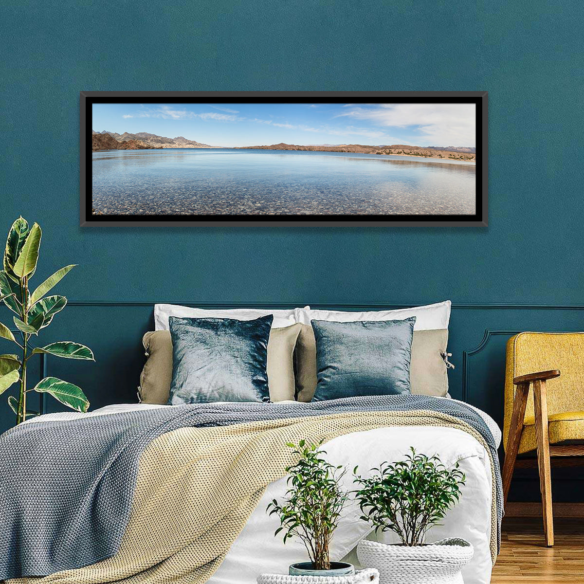 Lake Mohave Shoreline Wall Art in a room, panoramic