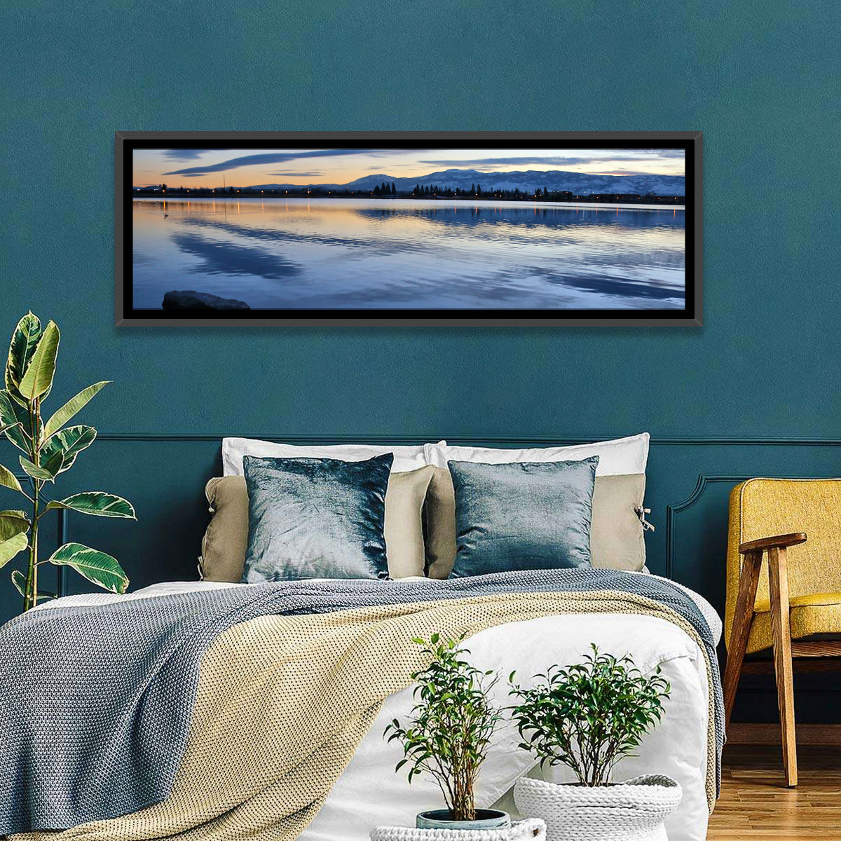 Sparks Marina Twilight Reflection Wall Art in a room, panoramic