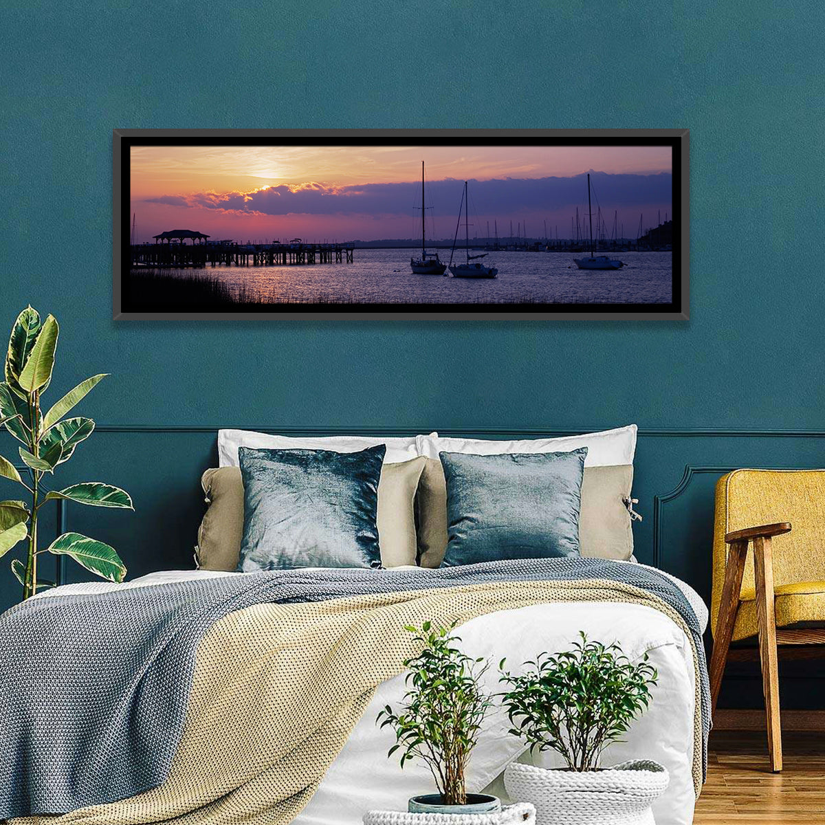 South Carolina Coastal Harbor Wall Art in a room, panoramic