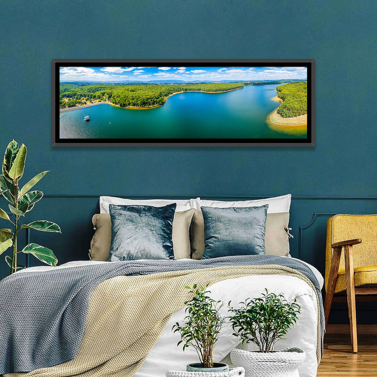Silvan Reservoir Shoreline Wall Art in a room, panoramic