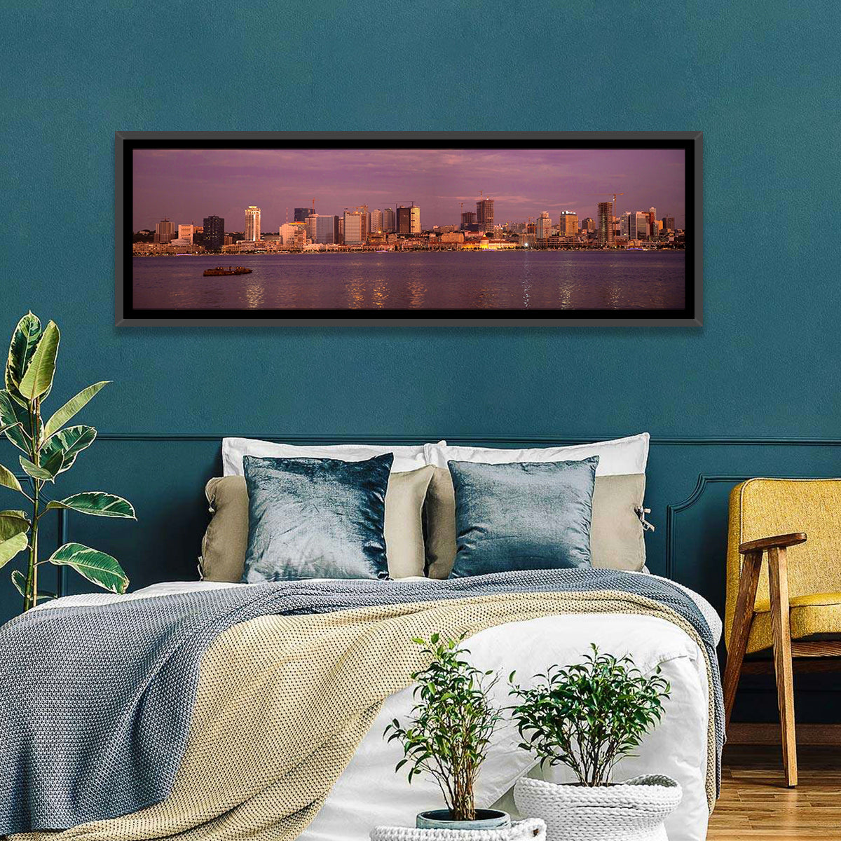 Luanda Skyline at Dusk Wall Art in a room, panoramic
