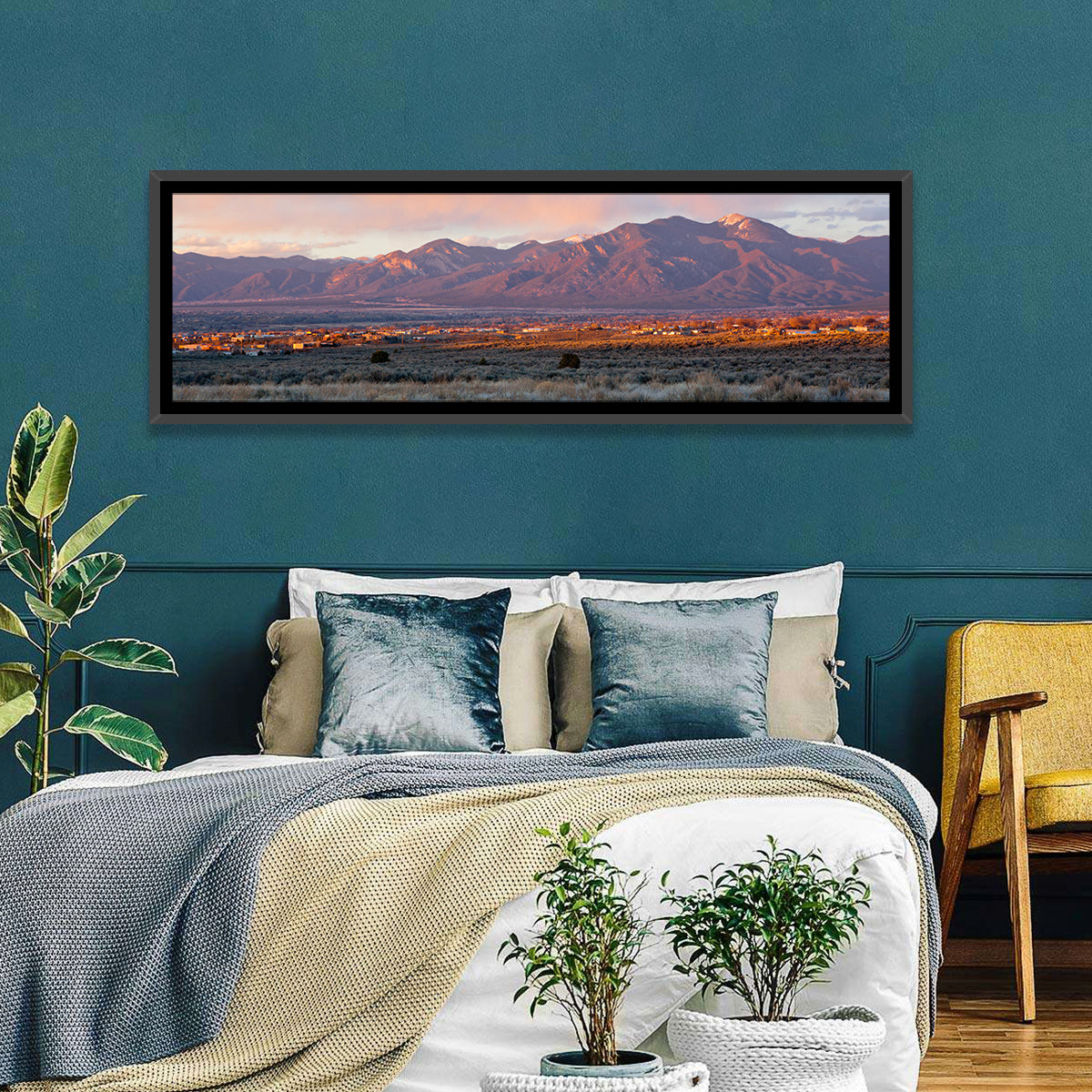Taos Valley Sunset Wall Art in a room, panoramic