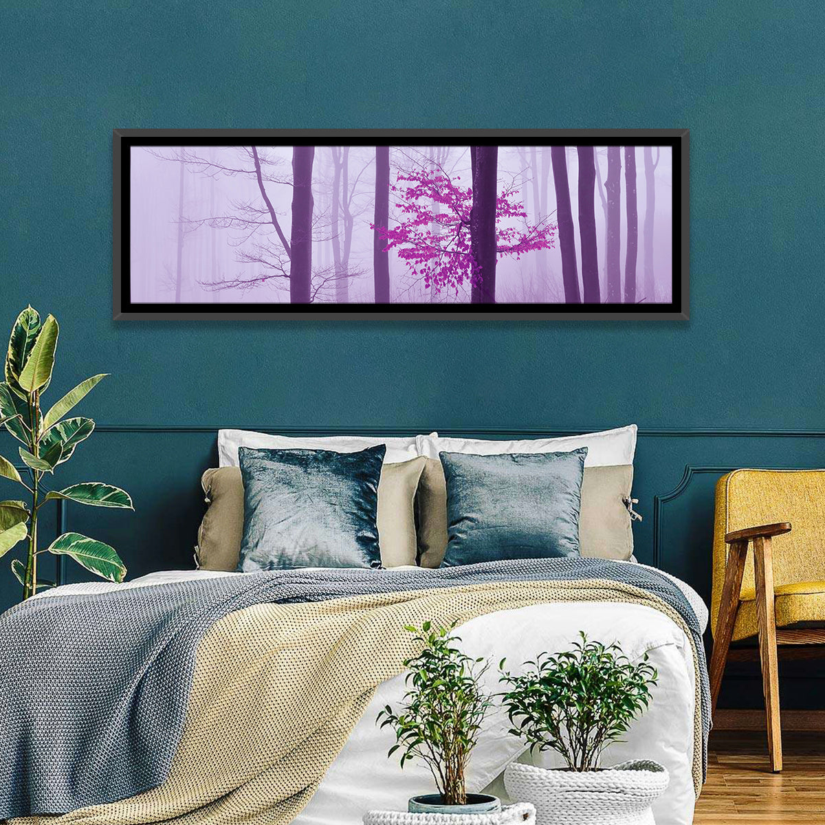 Magenta Tree in Foggy Forest Wall Art in a room, panoramic