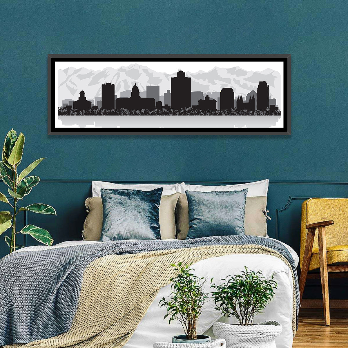 Salt Lake City Skyline Wall Art in a room, panoramic