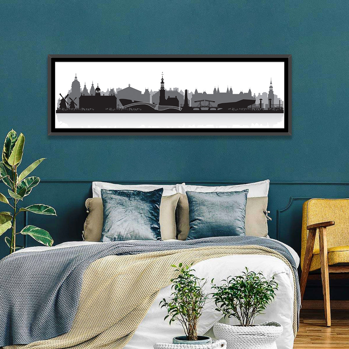 Amsterdam Skyline Silhouette Wall Art in a room, panoramic