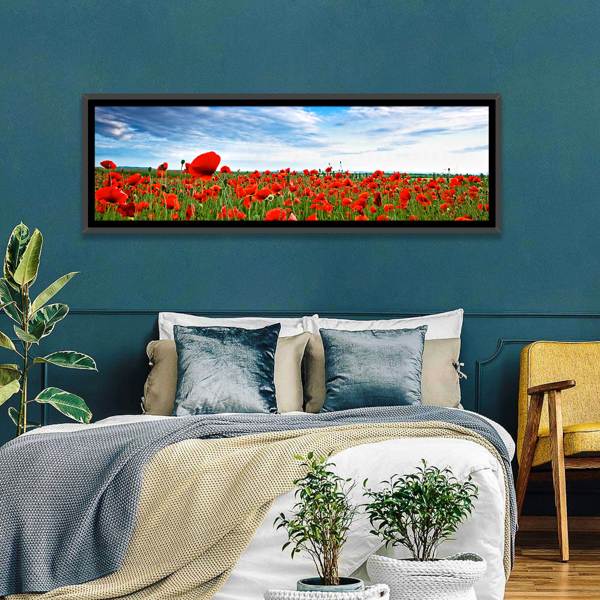 Red Poppy Field Wall Art in a room, panoramic