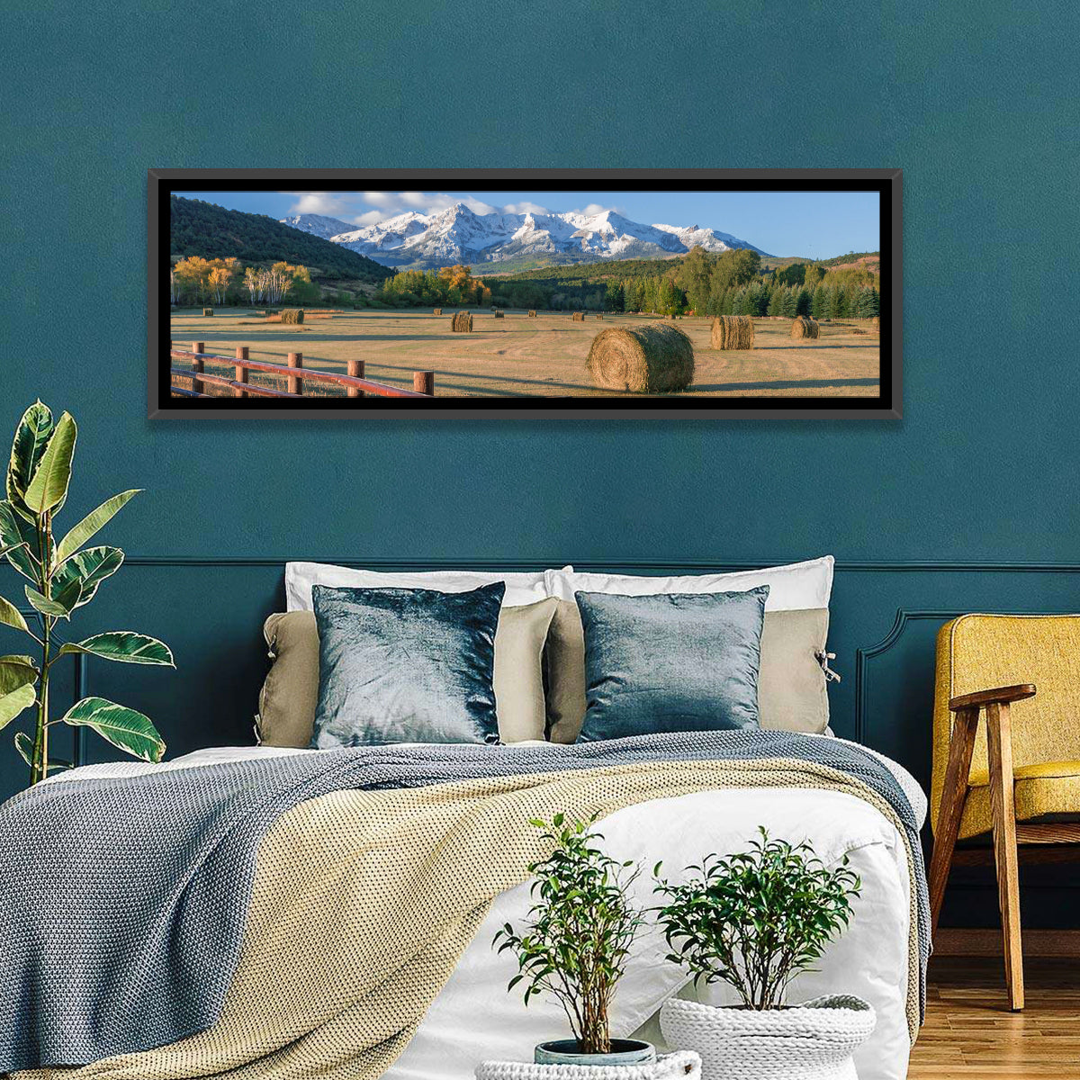 Colorado Hay Bales Wall Art in a room, panoramic