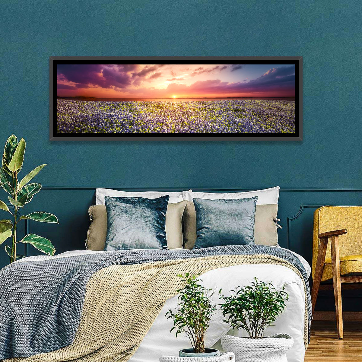Texas Bluebonnet Sunset Wall Art in a room, panoramic