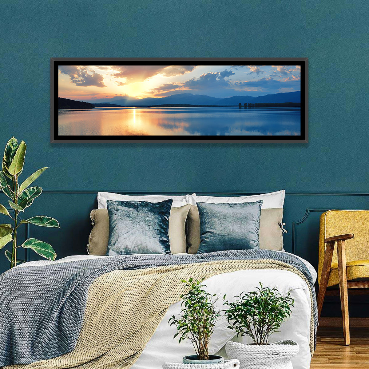 Golden Hour Lake Reflection Wall Art in a room, panoramic