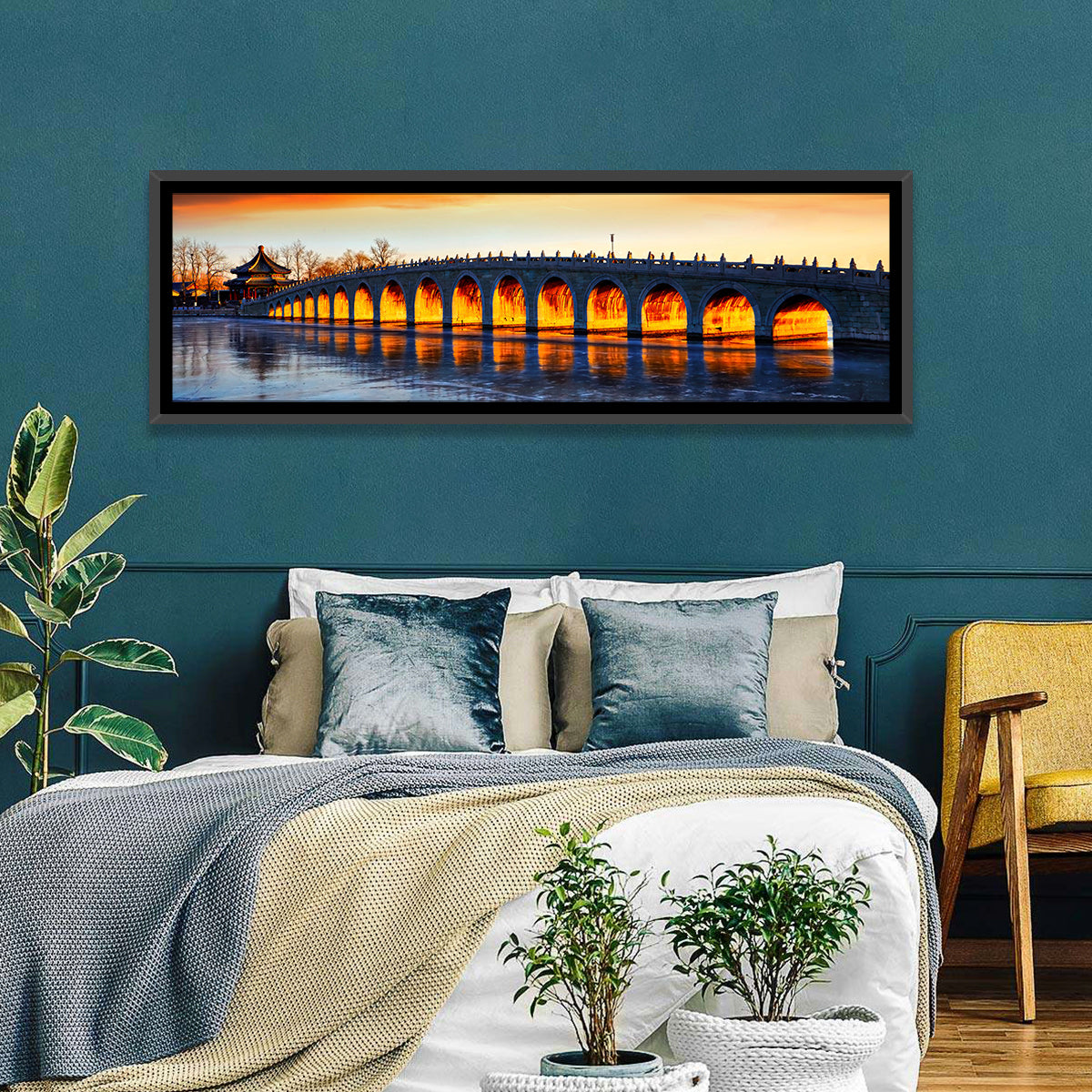 Seventeen-arch Bridge at Golden Hour Wall Art in a room, panoramic