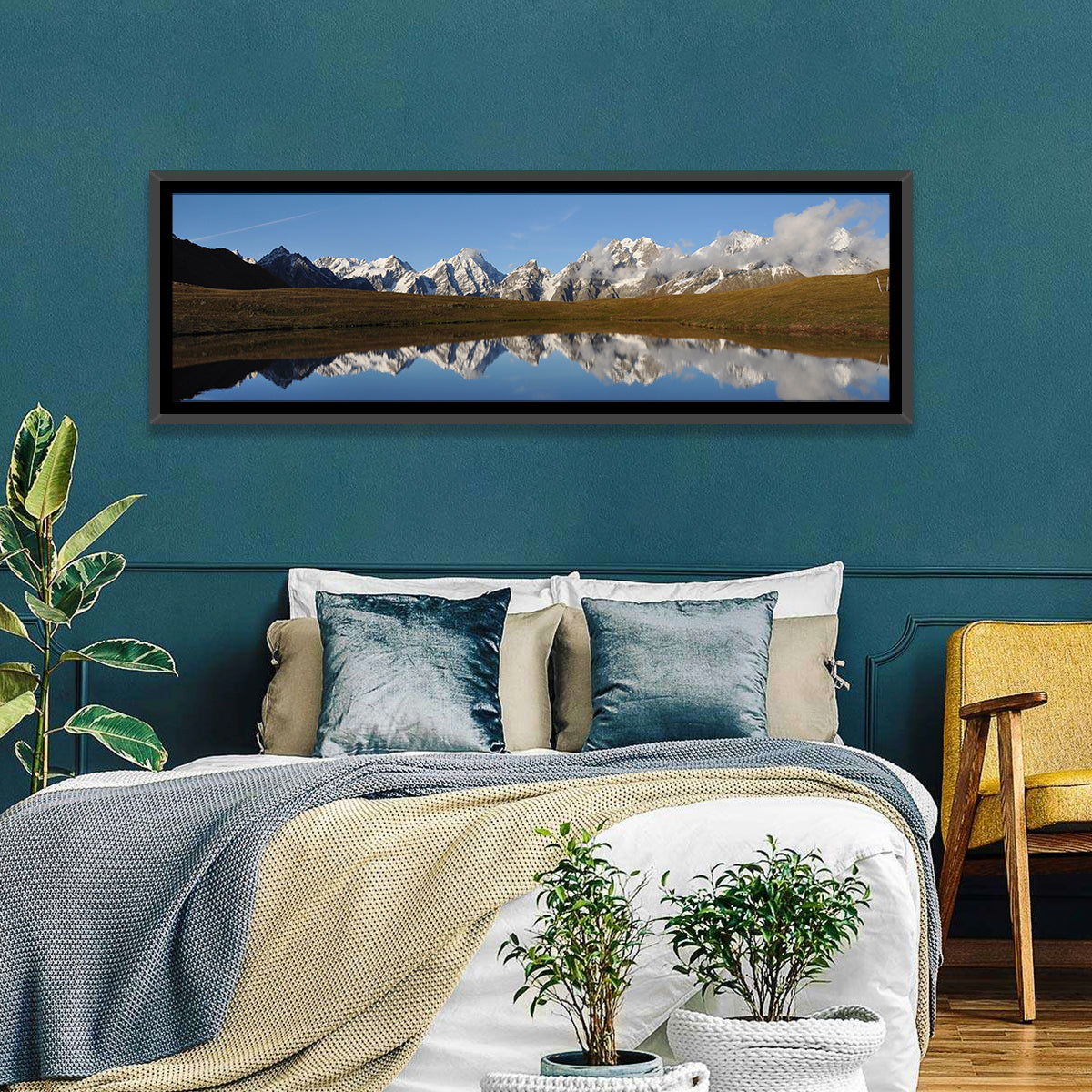 Svaneti Lake Reflection Wall Art in a room, panoramic
