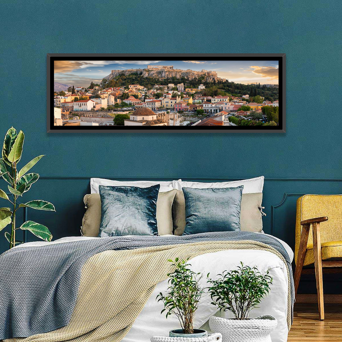 Acropolis and Parthenon Over Athens at Golden Hour Wall Art in a room, panoramic