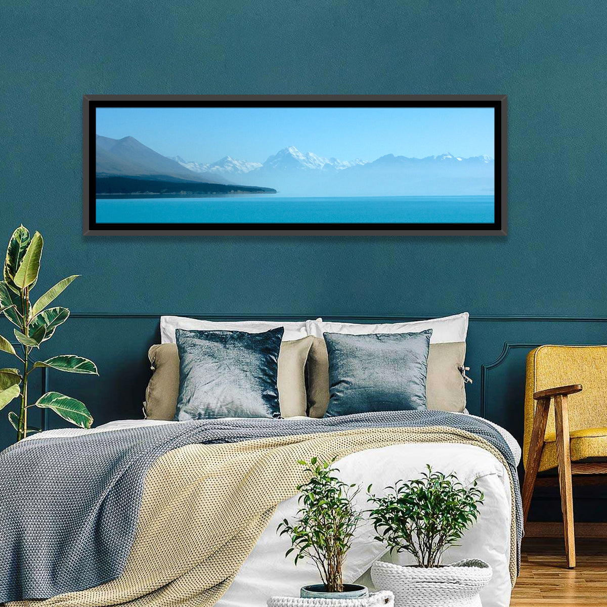 Turquoise Lake Pukaki View of Mount Cook Wall Art in a room, panoramic