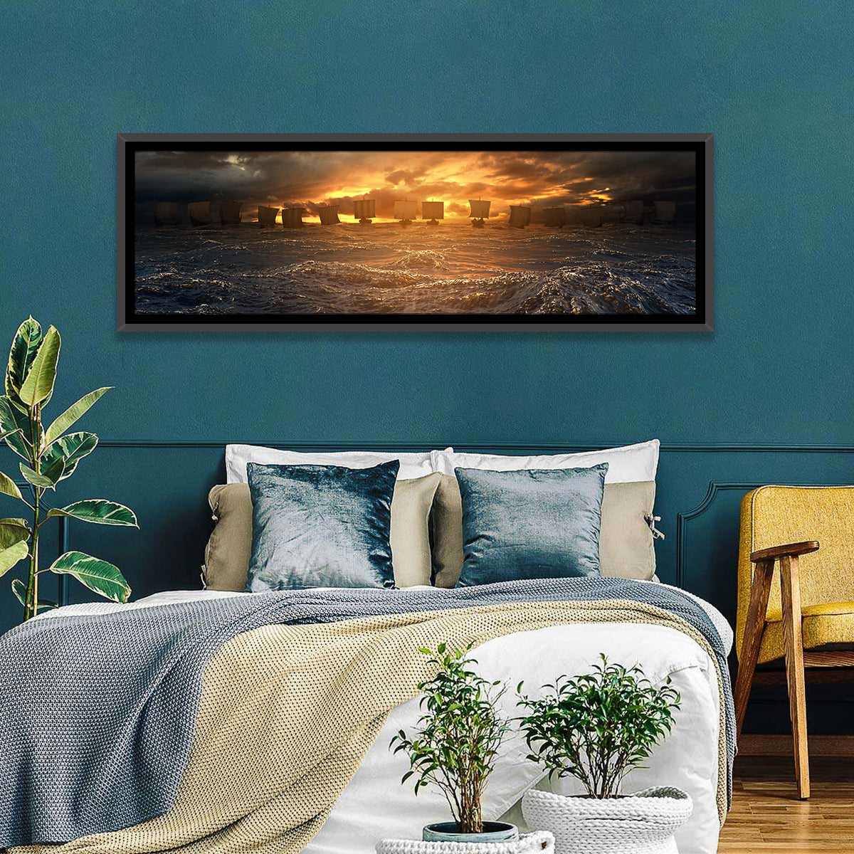 Viking Longships at Sunset Wall Art in a room, panoramic
