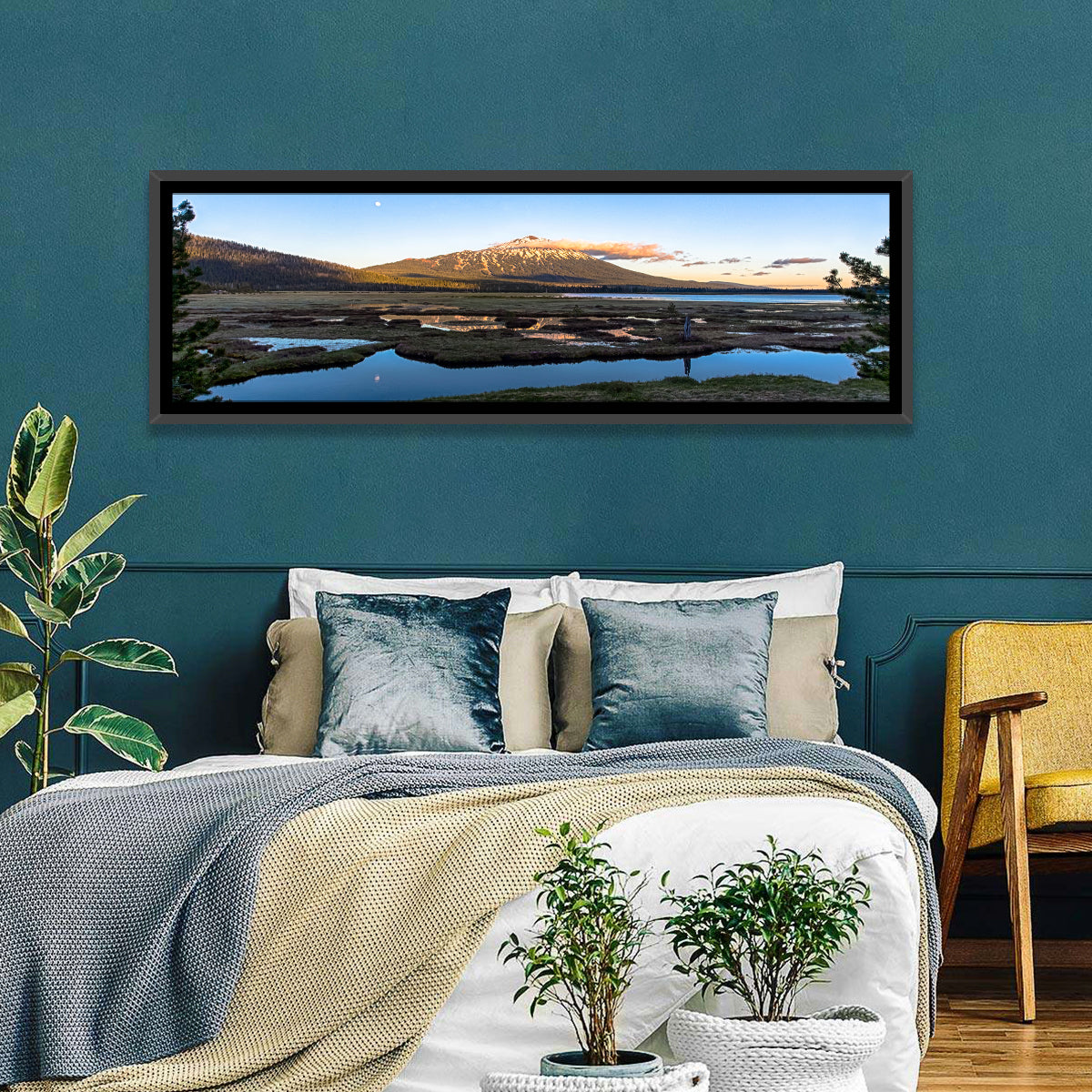 Mount Bachelor Moonlit Sunset Wall Art in a room, panoramic