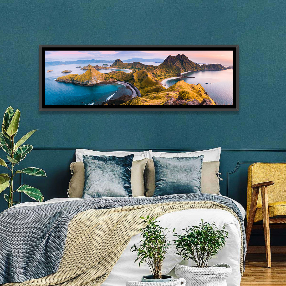 Padar Island Sunrise View Wall Art in a room, panoramic