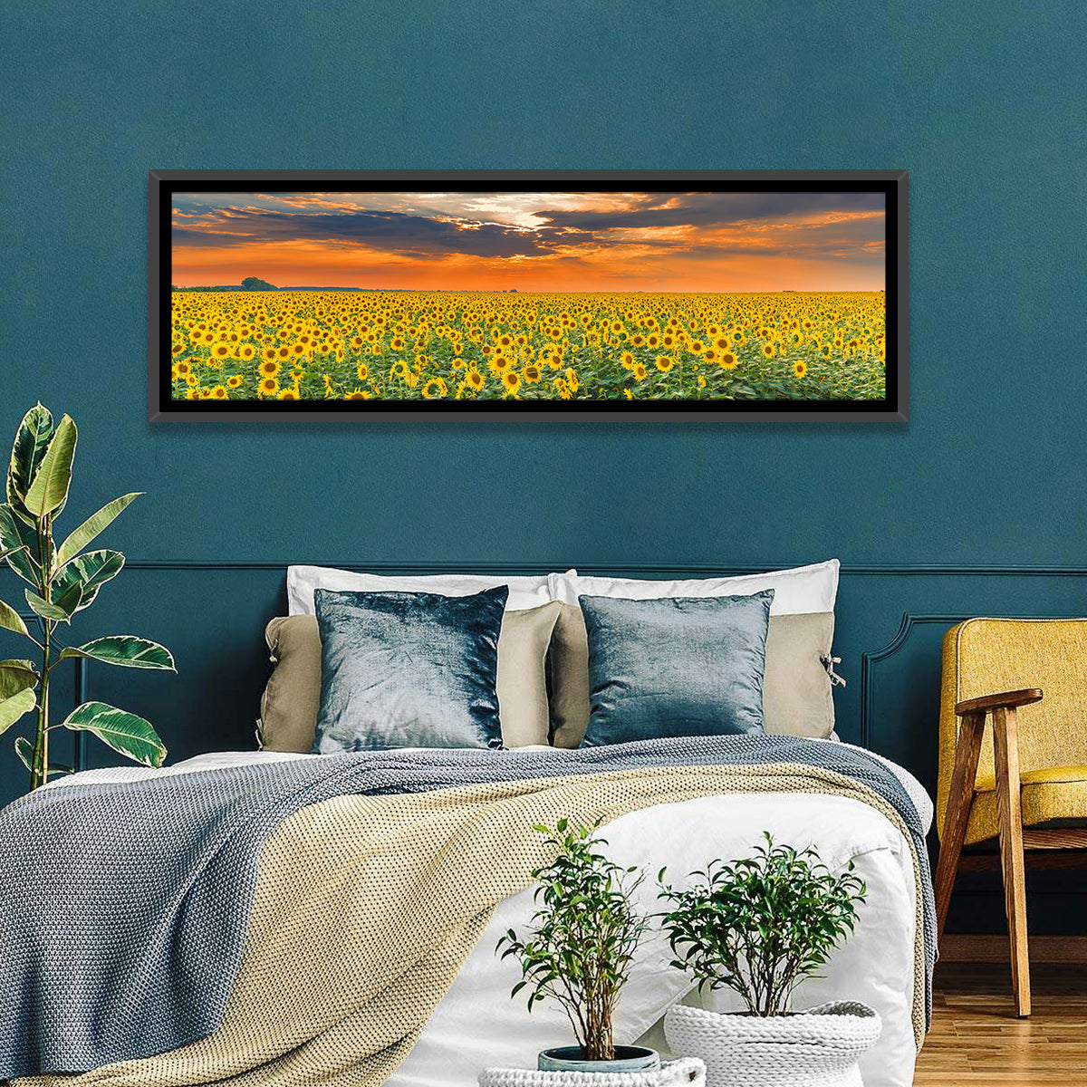 Golden Hour Sunflower Field Wall Art in a room, panoramic