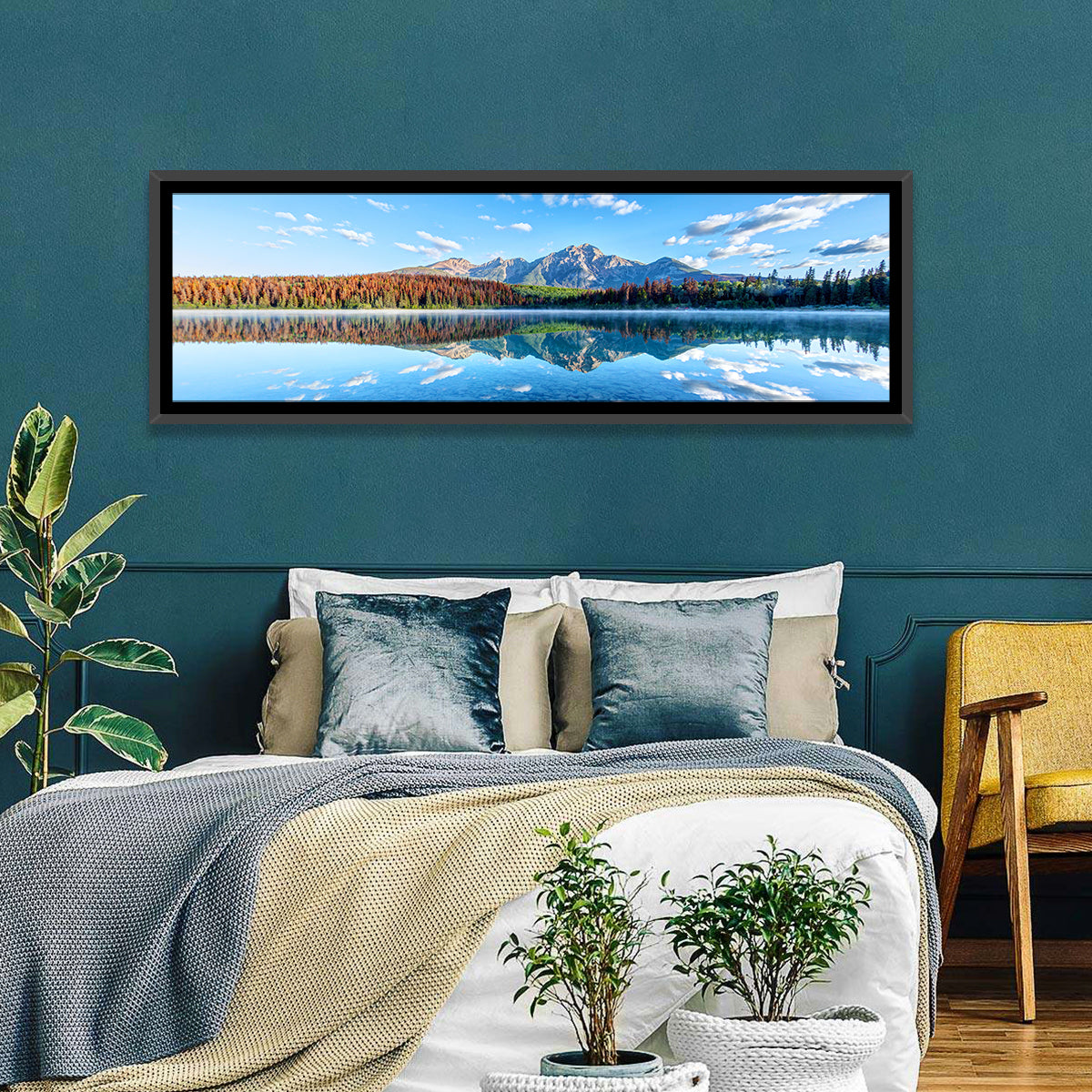 Patricia Lake Autumn Reflection Wall Art in a room, panoramic