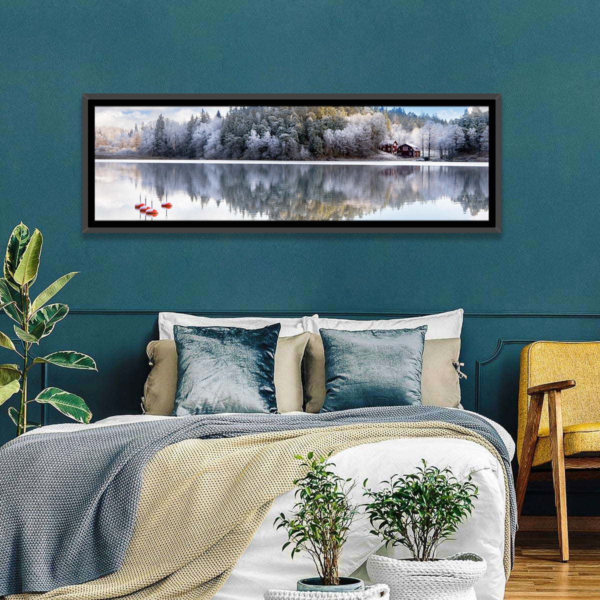 Red Cottages on Winter Lake Wall Art
