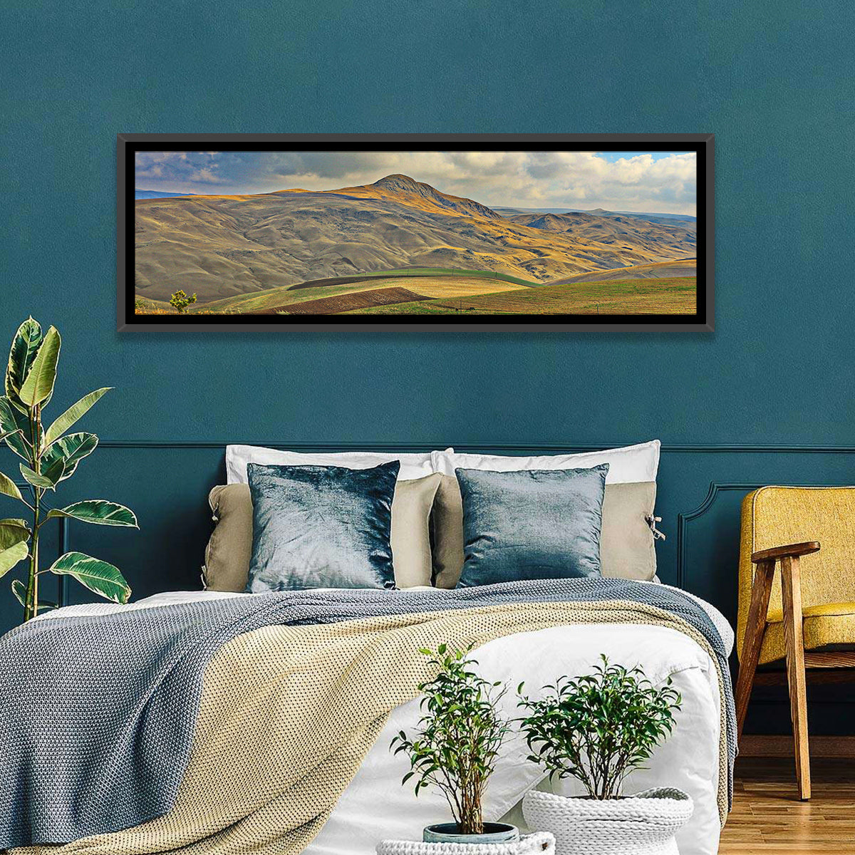 Shamakhi Valley Harvest Fields Wall Art in a room, panoramic