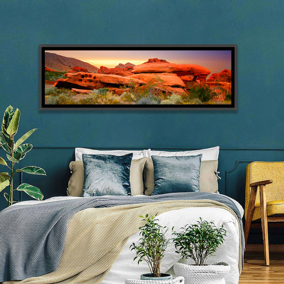 Red Rock Canyon Sunset Wall Art in a room, panoramic
