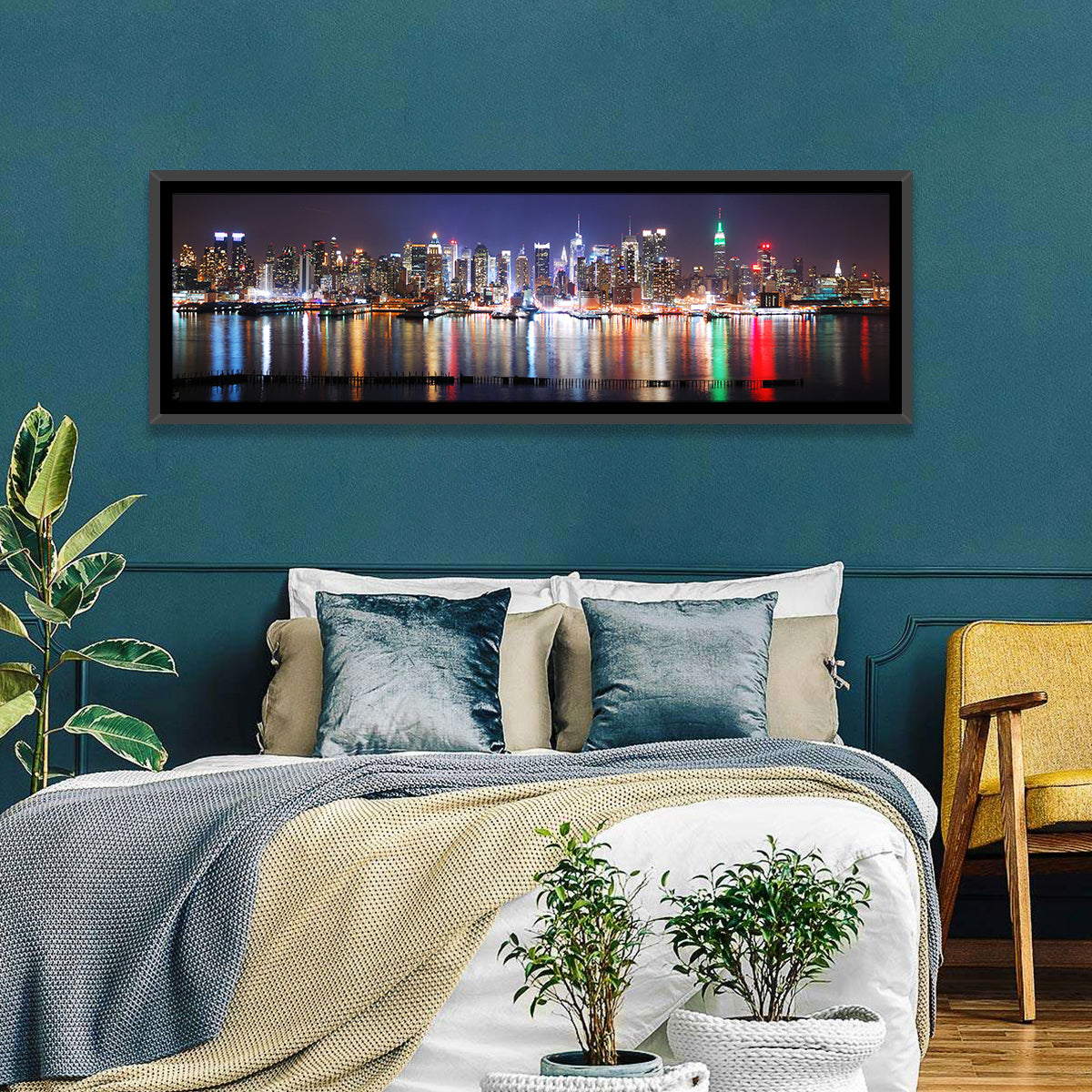 New York Skyline Mirror Reflection at Night Wall Art in a room, panoramic