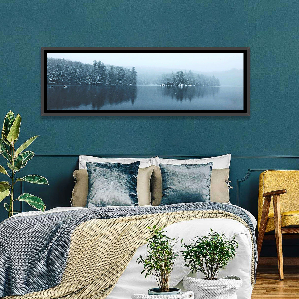Burr Pond Winter Reflection Wall Art in a room, panoramic