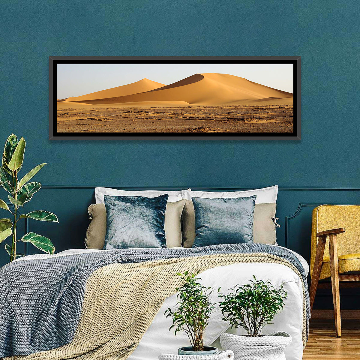 Golden Hour Desert Dunes Wall Art in a room, panoramic